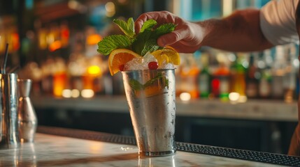 A bartender garnishing a cocktail with fresh mint leaves and orange slices, served in a frosted metal tin cup on a busy bar counter, illuminated by warm lights.