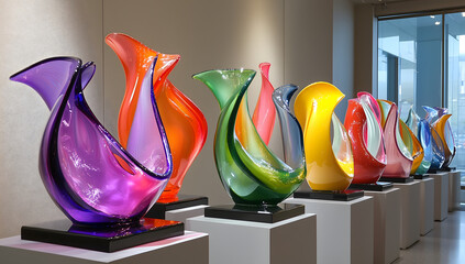 A vibrant display of colorful glass sculptures in an art gallery
