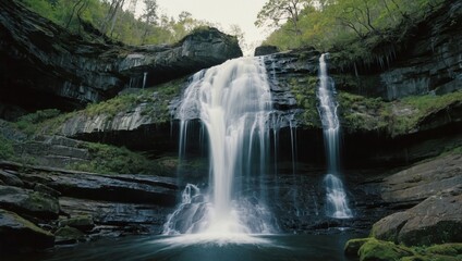 Fototapeta premium Beautiful natural landscape with cascading waterfall and lush greenery