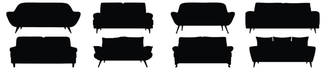 Sofa silhouettes set, couch pack of vector silhouette design, isolated background.