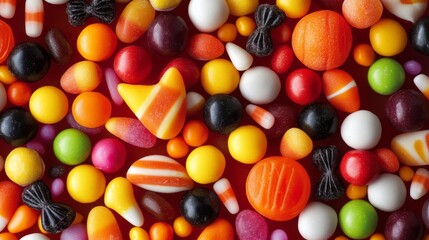 This image showcases a vibrant assortment of colorful candies in various shapes and sizes, including gummies, candy corn, and other classic confections, creating a playful scene.