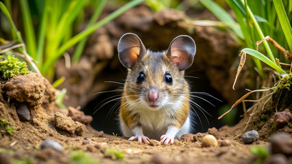 Field mouse sitting at burrow entrance , animal, wildlife, nature, mammal, cute, small, furry, rodent