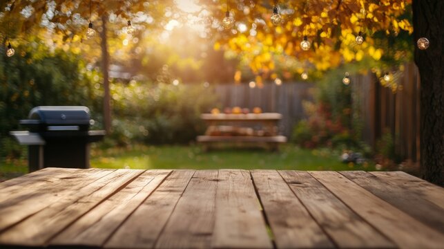 Cozy backyard scene featuring a wooden table in the foreground, a grill to the left, and a picnic table with pumpkins in the background, evoking a warm autumn atmosphere.