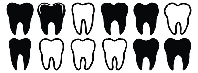 Tooth silhouettes set, dental pack of vector silhouette design, isolated background.