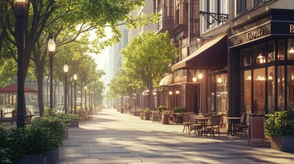 Fototapeta premium Beautiful urban street view with cafes, streetlights, and trees, captured in a realistic city background under soft daylight