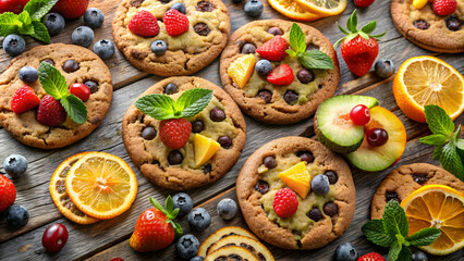 Freshly baked chocolate chip cookies topped with a variety of fresh fruit slices , cookies, chocolate, baked goods, dessert