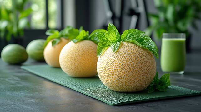 Pepino melon fruits resting yoga mat vibrant wellness studio fitness equipment fresh green smoothies softly blurred behind emphasizing a fit and balanced lifestyle Scientific name Solanum muricatum