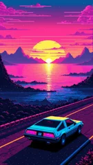 80s pixel art of synthwave landscape with car.