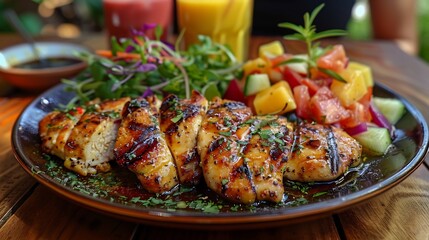 Pepino melon salad grilled chicken fresh greens served outdoor caf fitness enthusiasts colorful smoothies softly blurred behind emphasizing fit and healthy lifestyle Scientific name Solanum muricatum