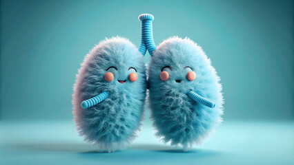 Cheerful lung cell with tiny air sacs exchanging gases in a fluffy style, pastel blue color , lung, cell, cheerful