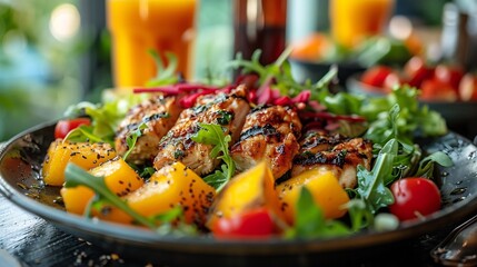 Pepino melon salad grilled chicken fresh greens served outdoor caf fitness enthusiasts colorful smoothies softly blurred behind emphasizing fit and healthy lifestyle Scientific name Solanum muricatum