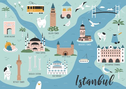 Hand drawn illustrated map of Istanbul with famous places
