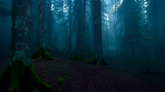 Foggy dark mysterious forest pathway from horror scene. Dark, foggy, autumnal, cold forest among high trees.