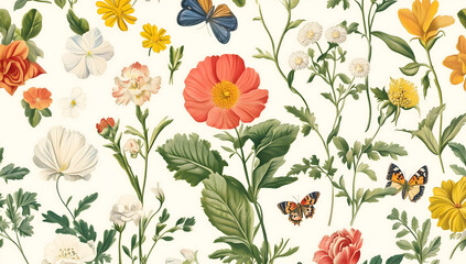 Vintage botanical illustration flowers butterflies Botanical Elegance Classic Wallpaper Concept