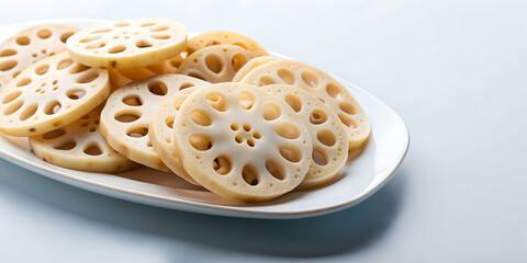 Lotus root slices on a white plate, healthy, organic, vegetarian, ingredient, culinary, fresh, snack