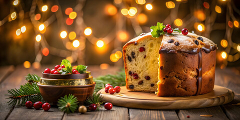 Holiday fruit cake extravaganza with Christmas lights and traditional panettone , Christmas, holiday