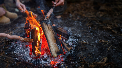Tourism, active rest concept. Cropped of international hikers frying sausages on sticks while camping