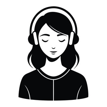 recommend clip art: young woman with closed eyes listening to music using headphones, vaector black color silhouette