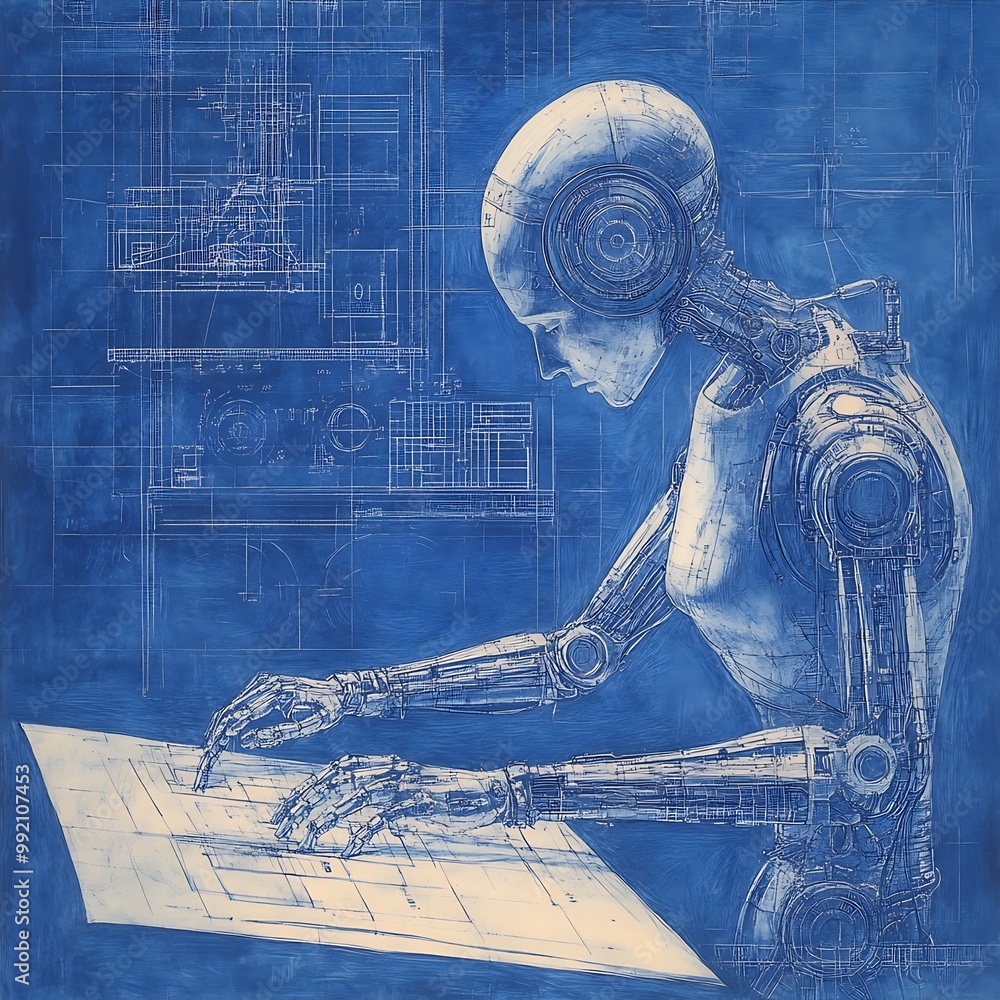 Poster robot working on blueprints, artificial intelligence and automation concept