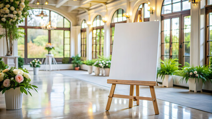 A large white blank canvas on an easel at the entrance of the wedding venue, wedding, venue, blank canvas, white, easel