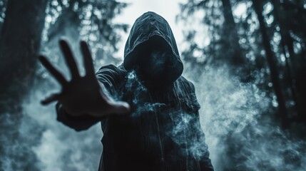 Foreboding Hooded Man in a Misty Forest