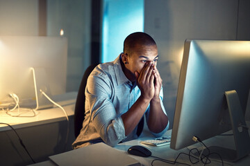 Stress, eye strain and man by computer in office with glitch, mistake or crisis for web...