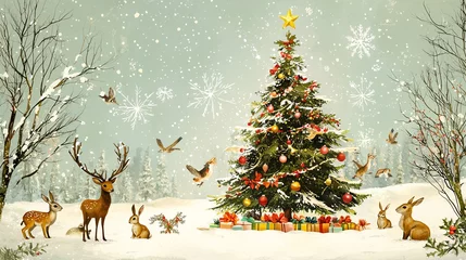 Poster Bosdieren Christmas tree in snowy forest with animals  © Charoen