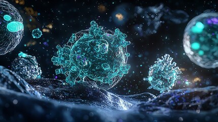 Abstract 3D Illustration of Coronavirus Particles in a Cyberspace World