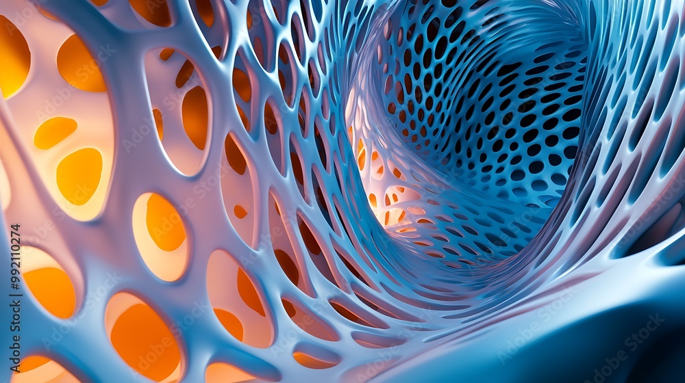 Poster abstract 3d blue and orange mesh tunnel pattern, futuristic background design