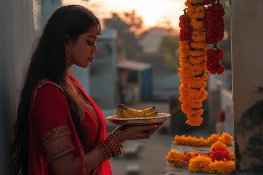 Indian lady with offering. Chhath Puja illustration. Ancient Sandhya arghya day. 