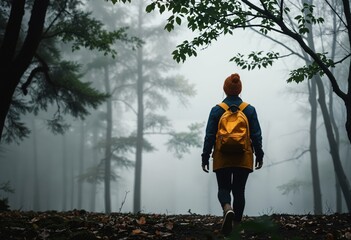 Fototapeta premium A solitary figure in a blue jacket and yellow backpack, with a red beanie, walks through a foggy forest, surrounded by tall trees and fallen leaves, creating a mysterious and tranquil atmosphere