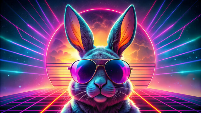 Retrowave disco rabbit with sunglasses posing for a poster, retro, disco, rabbit, animal, sunglasses, groovy, 80s, neon, party, funky