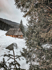 Shepherd's hut in winter in Poland mountains - Tatras