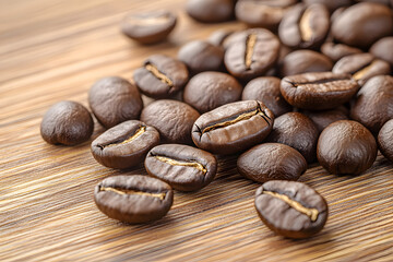 Naklejka premium Close-Up of Freshly Roasted Coffee Beans on Wood Surface.