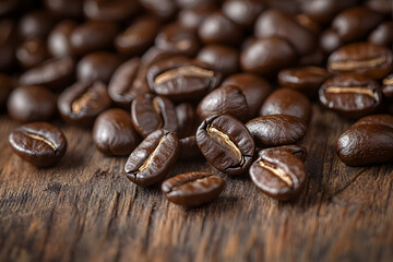 Fototapeta premium Close-Up of Freshly Roasted Coffee Beans on Wood Surface.