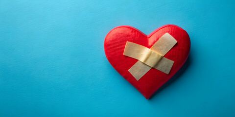 Mending a broken heart concept with tape and adhesive on a blue background , healing, love, repair, broken