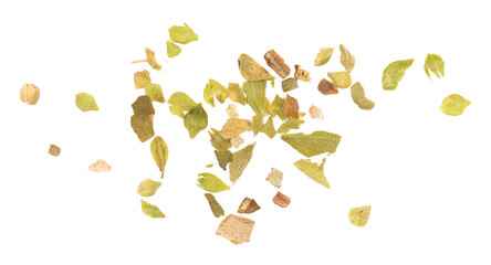 Chopped dry oregano scattered isolated on white, top view, clipping
