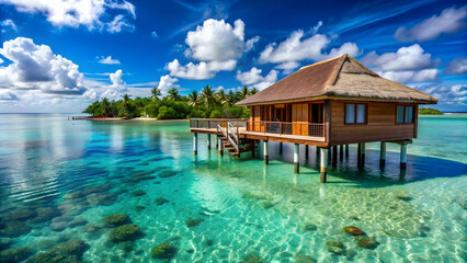 Obraz premium Luxurious water bungalow perched above crystal-clear waters in Irufushi Island, Maldives, water bungalow, luxury