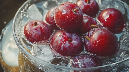Plums floating a bowl of water with ice cubes the sunlight creating reflections and highlights perfect for a summer refreshment theme Scientific name Prunus domestica