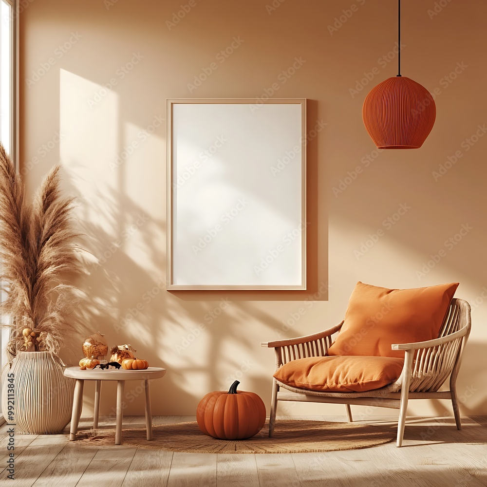 Poster Minimalist Living Room Interior Design Mockup with Pumpkin, Pampas Grass and Empty Frame for Artwork