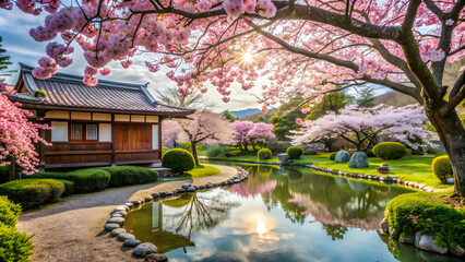 Tranquil Japanese garden with beautiful cherry blossoms, Japanese, garden, cherry blossoms, serene, peaceful, traditional