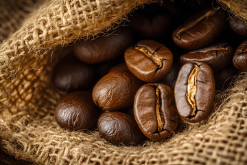 Close-Up of Single Origin Coffee Beans with Textured Burlap.