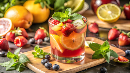 Mixed fruit punch with fresh berries and citrus on wooden board