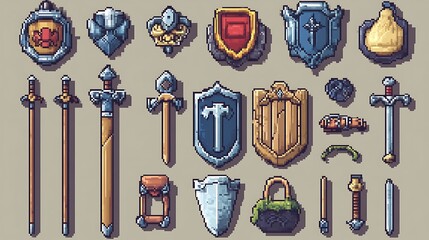 Pixel art set of fantasy weapons and armor for game design and illustration