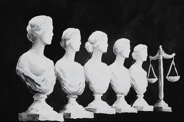 Row of female busts with scales of justice, symbolizing female empowerment and legal equality