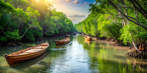 Fototapeta premium Tranquility of wooden boats gliding through mangrove forests, serene, peaceful, calm, nature, environment, wood, boat