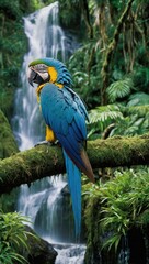 Obraz premium Bright Tui Parakeet perched on branch in lush rainforest with waterfall