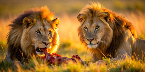 Two male lions feasting on a gazelle during sunset, lions, gazelle, wildlife, predators, nature, sunset, Africa, carnivores