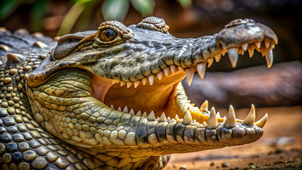 Fototapeta premium A close-up photo of a fierce crocodile with sharp teeth and textured skin, reptile, predator, wildlife, dangerous, carnivore