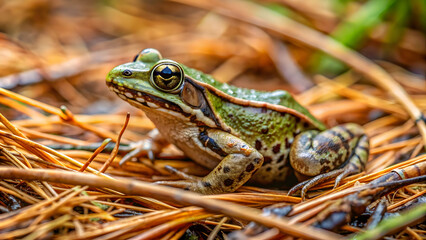 Obraz premium Frog camouflaged on a pine needle-covered forest floor, frog, nature, wildlife, pine needles, forest, camouflage